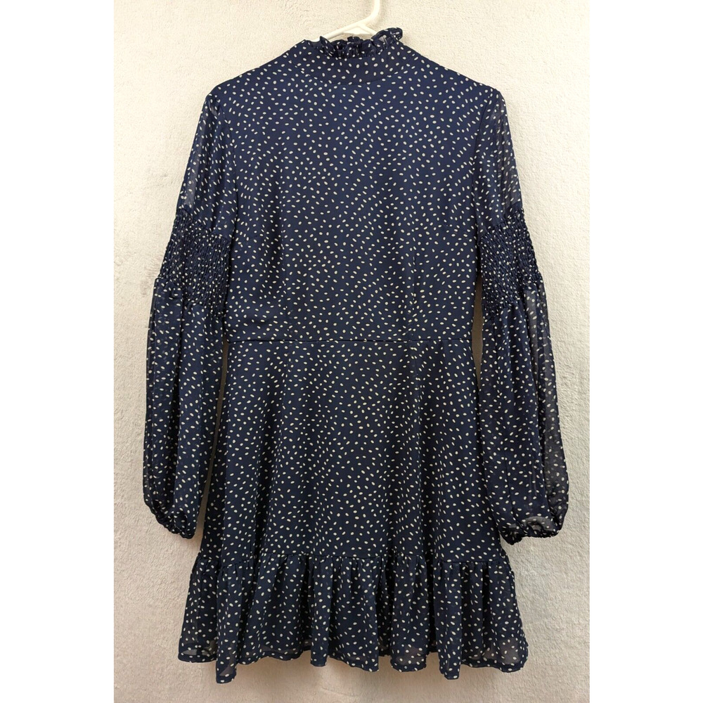 Missguided sz 6 Mock Neck Fit & Flare Dress blue & white polka dots 0793